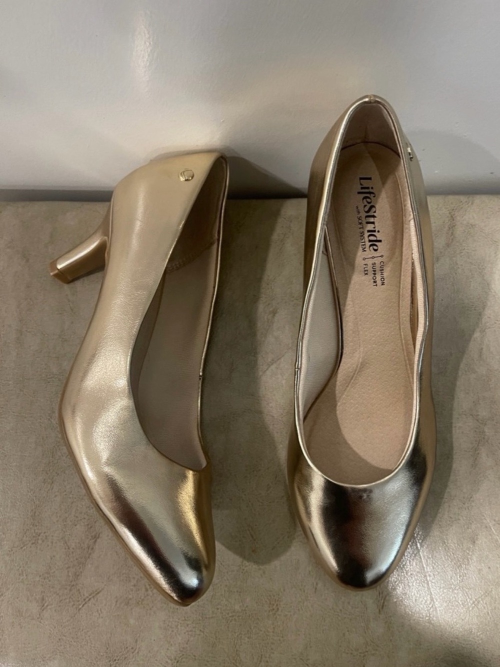 Life Stride Shimmery Gold Low Heel Pumps